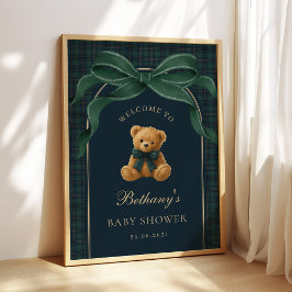 Klassieke groene geruite teddybeer babyshower welk poster
