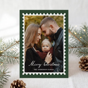 Klassieke groene kerstpostzegel 5 foto feestdagenkaart