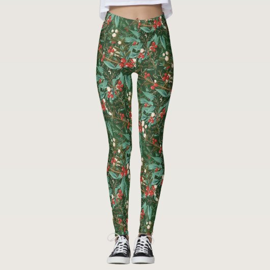 Klassieke Groene Leuke Botanische Vakantie Kerstmi Leggings (Voorkant)