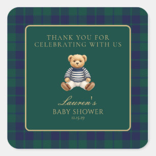 Klassieke groene marineblauwe geruite beer babysho vierkante sticker