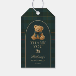 Klassieke groene marineblauwe ruit Teddybeer babyf Cadeaulabel