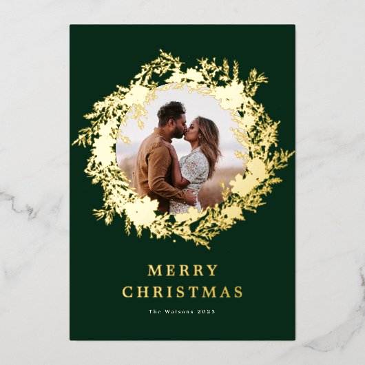 klassieke groene MERRY CHRISTMAS GOLD krans foto Folie Feestdagenkaart (Voorkant)