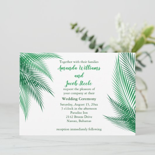 Klassieke groene palm bladeren bruiloft uitnodigin kaart (Staand voorkant)