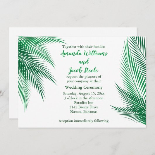 Klassieke groene palm bladeren bruiloft uitnodigin kaart (Voorkant / Achterkant)