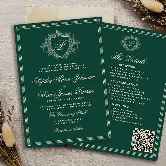 Klassieke groene QR-code formele monogram bruiloft Kaart