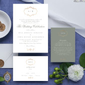 Klassieke Groene Salie Goud Kam Monogram Bruiloft Kaart