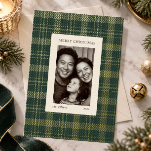 Klassieke groene tartan geruite Kerstmis familiefo Folie Feestdagenkaart