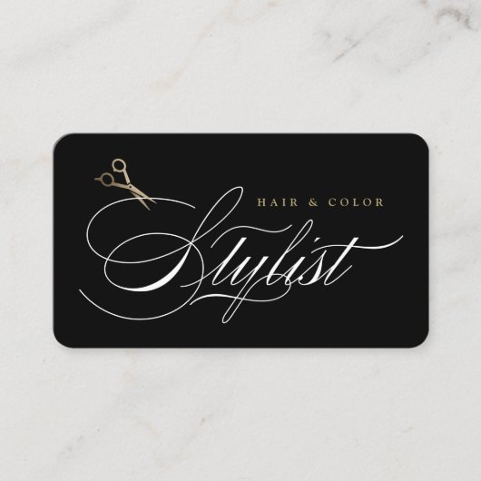Klassieke Haar Stylist Kalligrafie Gouden Schaar Visitekaartje (Voorkant)