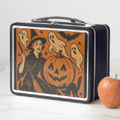 , klassieke Halloween heks, spook en pompoenen (In situ)