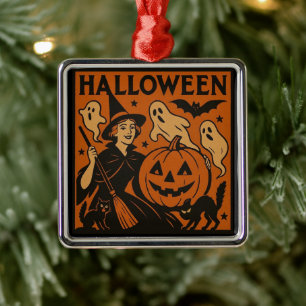 , klassieke Halloween heks, spook en pompoenen Metalen Ornament