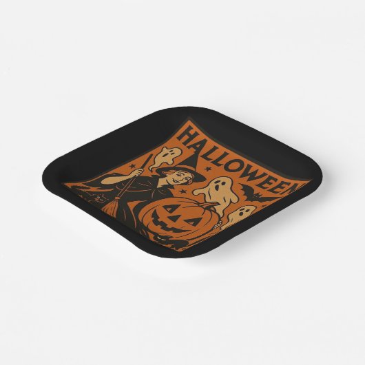 , klassieke Halloween heks, spook en pompoenen Papieren Bordje (Gebogen)