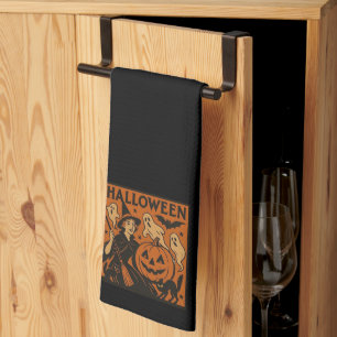 , klassieke Halloween heks, spook en pompoenen Theedoek