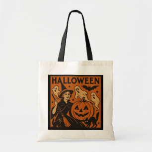 , klassieke Halloween heks, spook en pompoenen Tote Bag