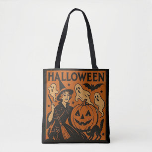 , klassieke Halloween heks, spook en pompoenen Tote Bag
