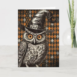 Klassieke Halloween-uil met heksenhut Kaart