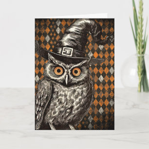 Klassieke Halloween-uil met heksenhut Kaart