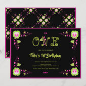 Klassieke Halloween Zwart & Roze Schedel 1e Verjaa Kaart (Voorkant / Achterkant)