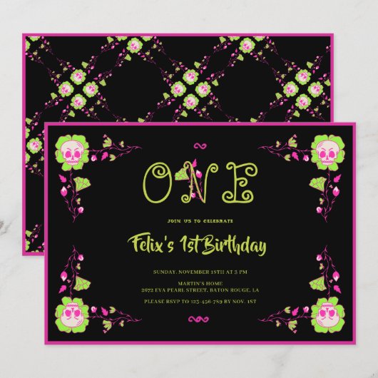 Klassieke Halloween Zwart & Roze Schedel 1e Verjaa Kaart (Voorkant / Achterkant)