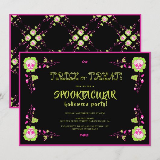 Klassieke Halloween Zwart & Roze Schedel Kostuum P Kaart (Voorkant / Achterkant)