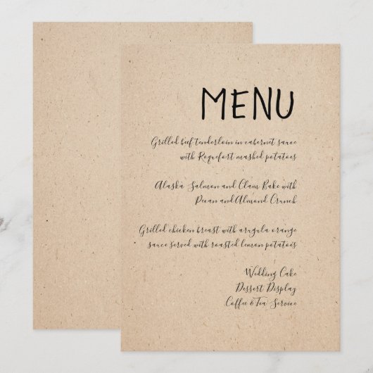 KLASSIEKE HANDGESCHREVEN BRUILOFT MENU KAART (Voorkant / Achterkant)