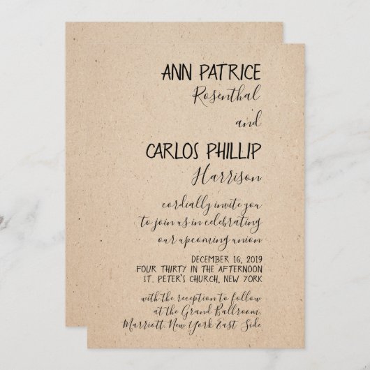 KLASSIEKE HANDGESCHREVEN BRUILOFT UITNODIGING KAAR (Voorkant / Achterkant)