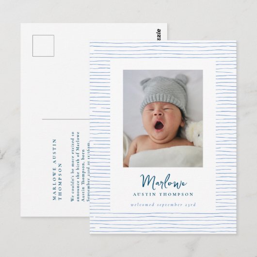 Klassieke Handgetekende Blauwe Gestreepte Geboorte Briefkaart (Voorkant / Achterkant)
