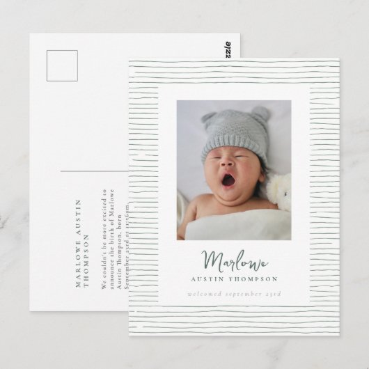 Klassieke Handgetekende Groen Gestreepte Geboorte Briefkaart (Voorkant / Achterkant)