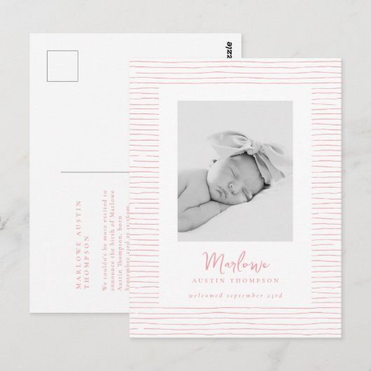 Klassieke Handgetekende Roze Gestreepte Geboorte A Briefkaart (Voorkant / Achterkant)