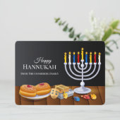 Klassieke Happy Chanoeka Menorah Sufganiyot Dreide Feestdagenkaart (Staand voorkant)
