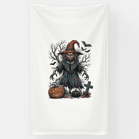 Klassieke Heks Vogelverschrikker Halloween Pompoen Spandoek (Verticaal)