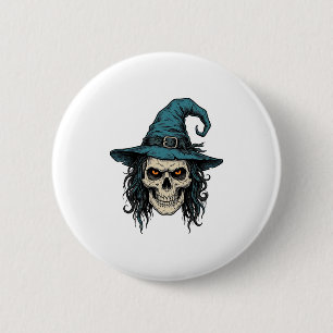 Klassieke Heksen Schedel Halloween Vector T-shirt Ronde Button 5,7 Cm