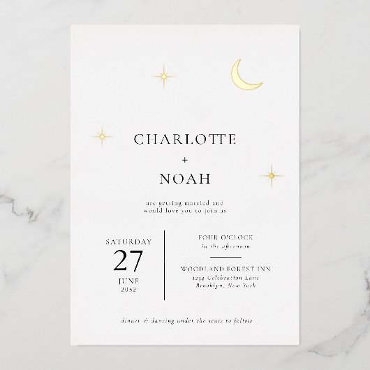 Klassieke hemelse gouden maan sterren bruiloft folie uitnodiging (Voorkant)