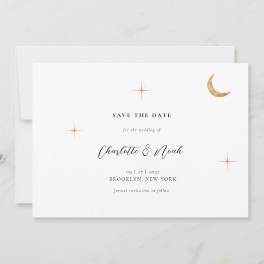 Klassieke hemelse gouden maan sterren bruiloft save the date (Voorkant)