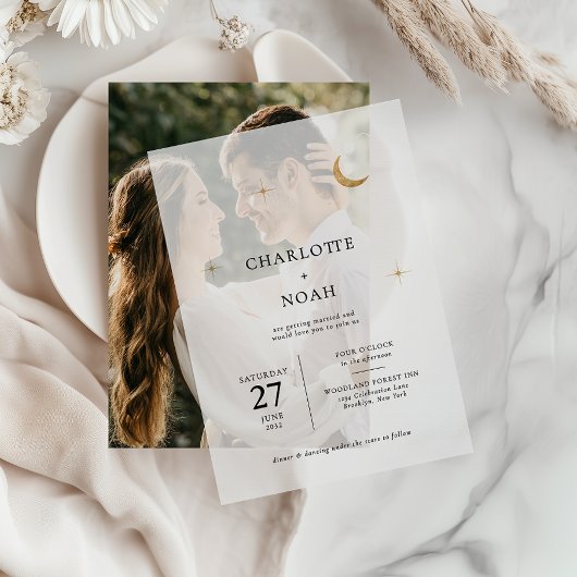 Klassieke hemelse gouden maan sterren bruiloft vellum uitnodigingen