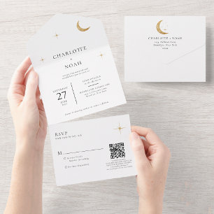 Klassieke Hemelse Gouden Maan Sterren Wedding QR C All In One Uitnodiging