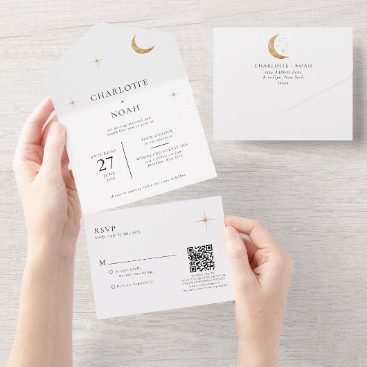 Klassieke Hemelse Gouden Maan Sterren Wedding QR C All In One Uitnodiging