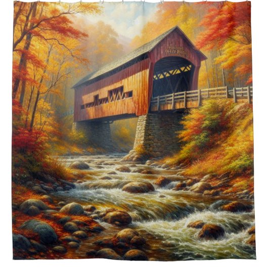 Klassieke, herfst overdekte brug douchegordijn (Voorkant)