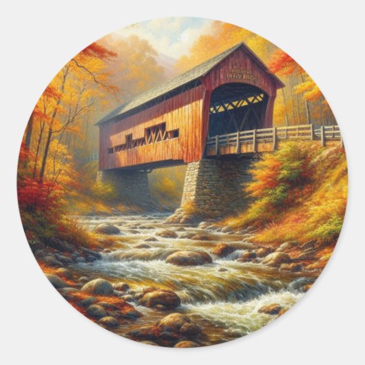 Klassieke, herfst overdekte brug ronde sticker (Voorkant)