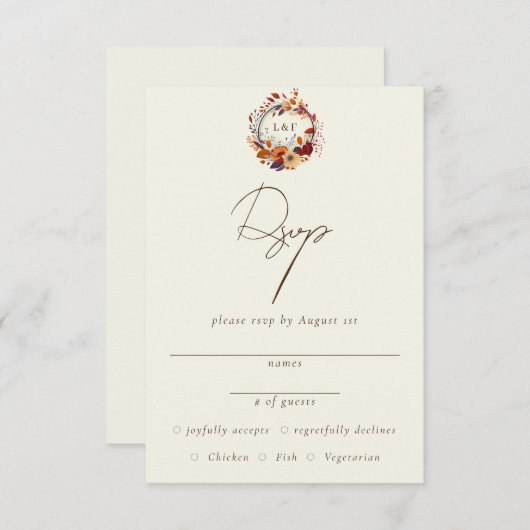 Klassieke Herfst Wilde bloem Naam Initiaal RSVP Informatiekaartje (Voorkant / Achterkant)