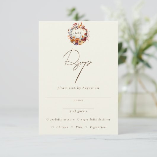 Klassieke Herfst Wilde bloem Naam Initiaal RSVP Informatiekaartje (Staand voorkant)