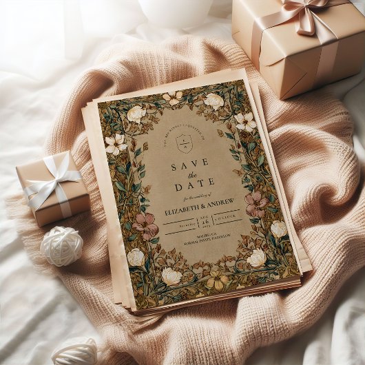 Klassieke herfstbruiloft met botanische motieven save the date