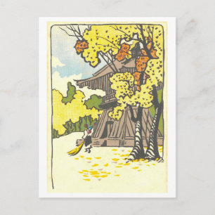 Klassieke herfstzicht op Japanse tempeltuin Briefkaart