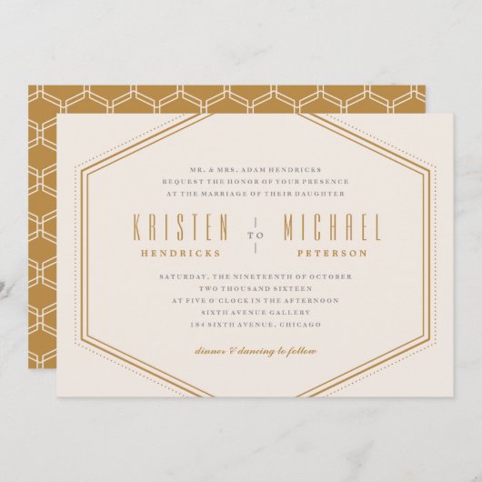 Klassieke Hexagon Wedding Invitation - Gold Kaart (Voorkant / Achterkant)