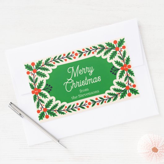 Klassieke Holly Berries & Pine Krans Kerstmis Rechthoekige Sticker (Envelop)