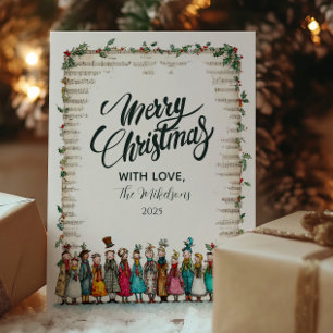 Klassieke Holly en Carolers Kerstmis Feestdagenkaart