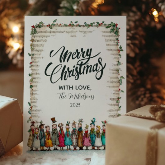 Klassieke Holly en Carolers Kerstmis Feestdagenkaart