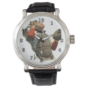 Klassieke honkbalspeler, catcher kijkt omhoog horloge