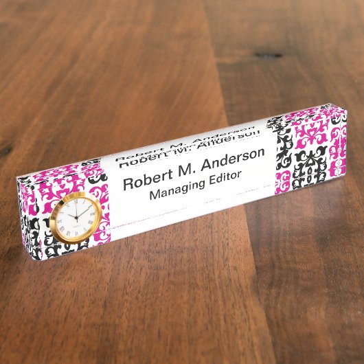 Klassieke Hot Pink- en Black Damask-elementen Naambordje (Zijkant)