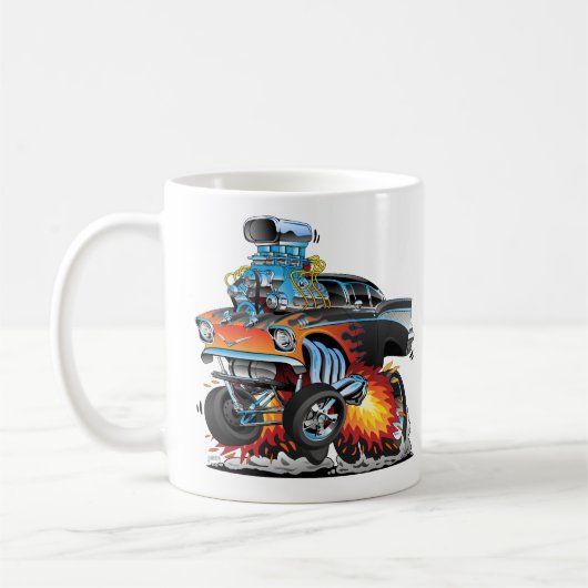 Klassieke hot-rod 57-gasser dragster cartoon koffiemok (Links)