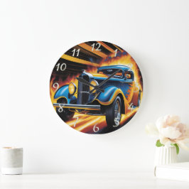 Klassieke hot rod racen door vurige achtergrond grote klok